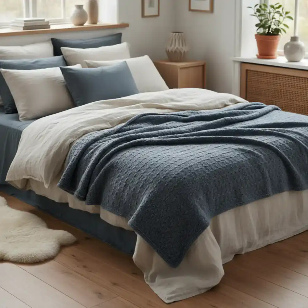 Folded weighted blanket on a cozy bed