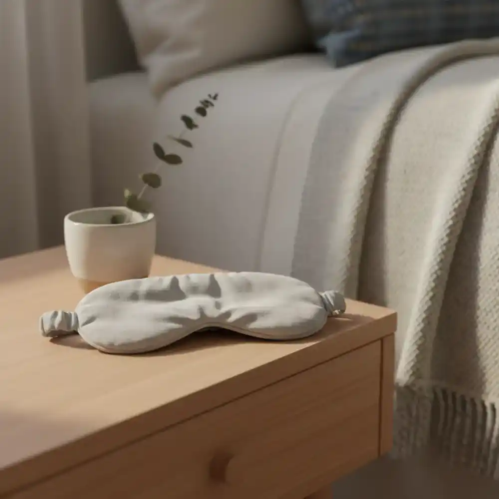 Soft sleep mask resting on a nightstand