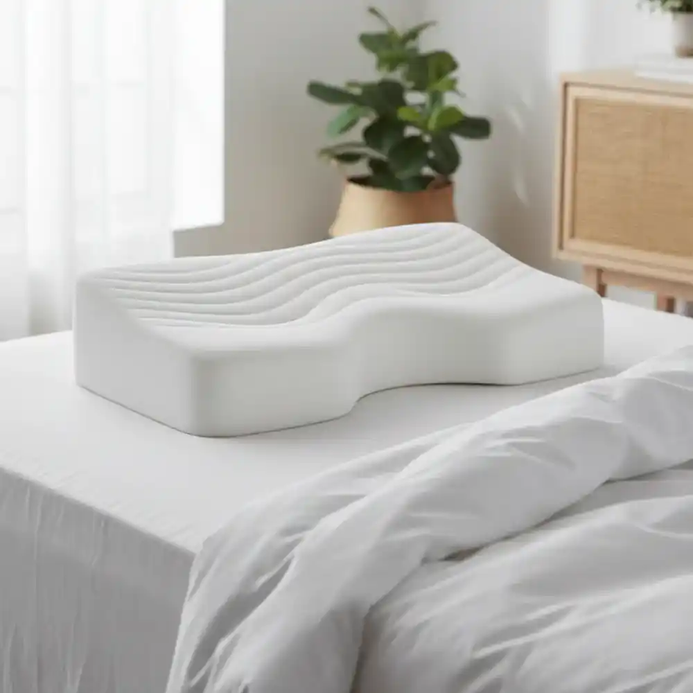 Contoured orthopedic pillow on white sheets