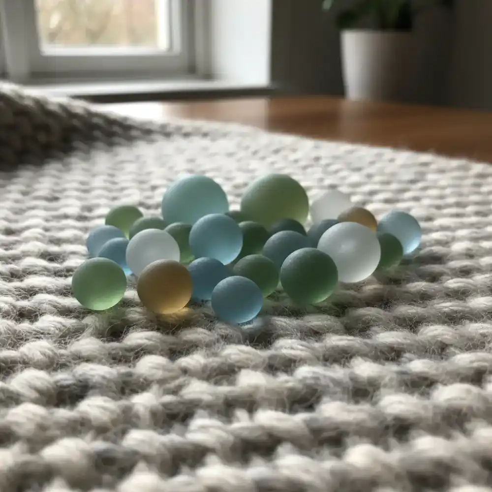 Close up of natural blanket fabric and glass beads
