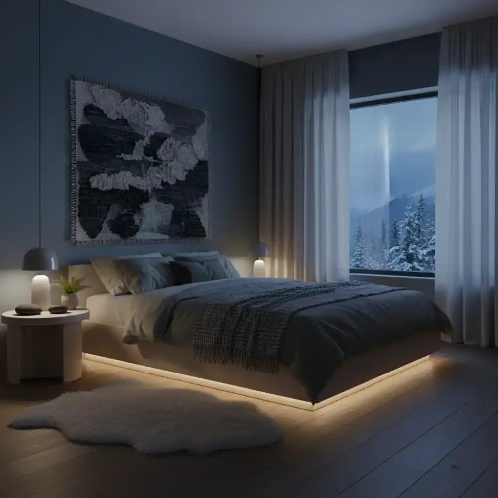 Dark serene bedroom with subtle ambient light