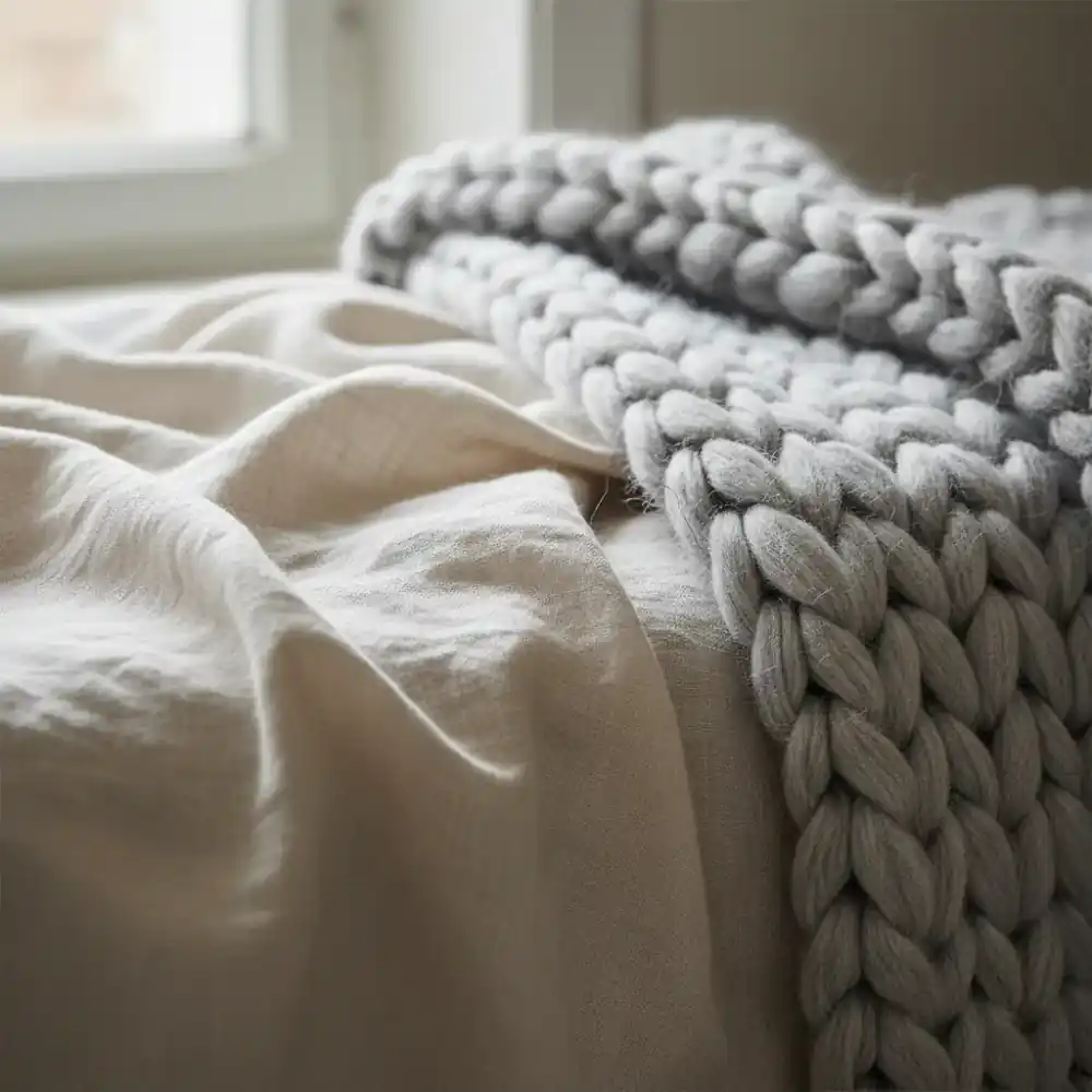 Close up of soft linen and knitted textures