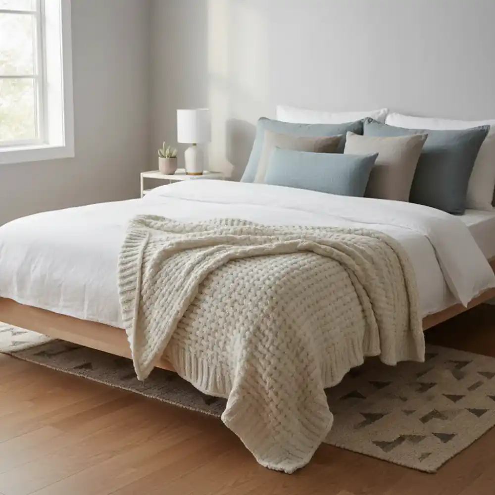 Folded weighted blanket on a bed